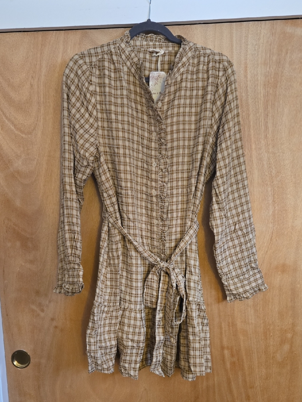 Hem & Thread Brown and Cream Plaid Button-Front Dress.